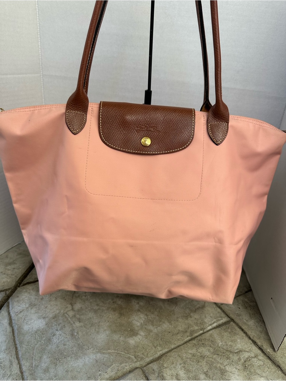 Longchamp Le Pliage Pink Tote with Brown Leather Trim